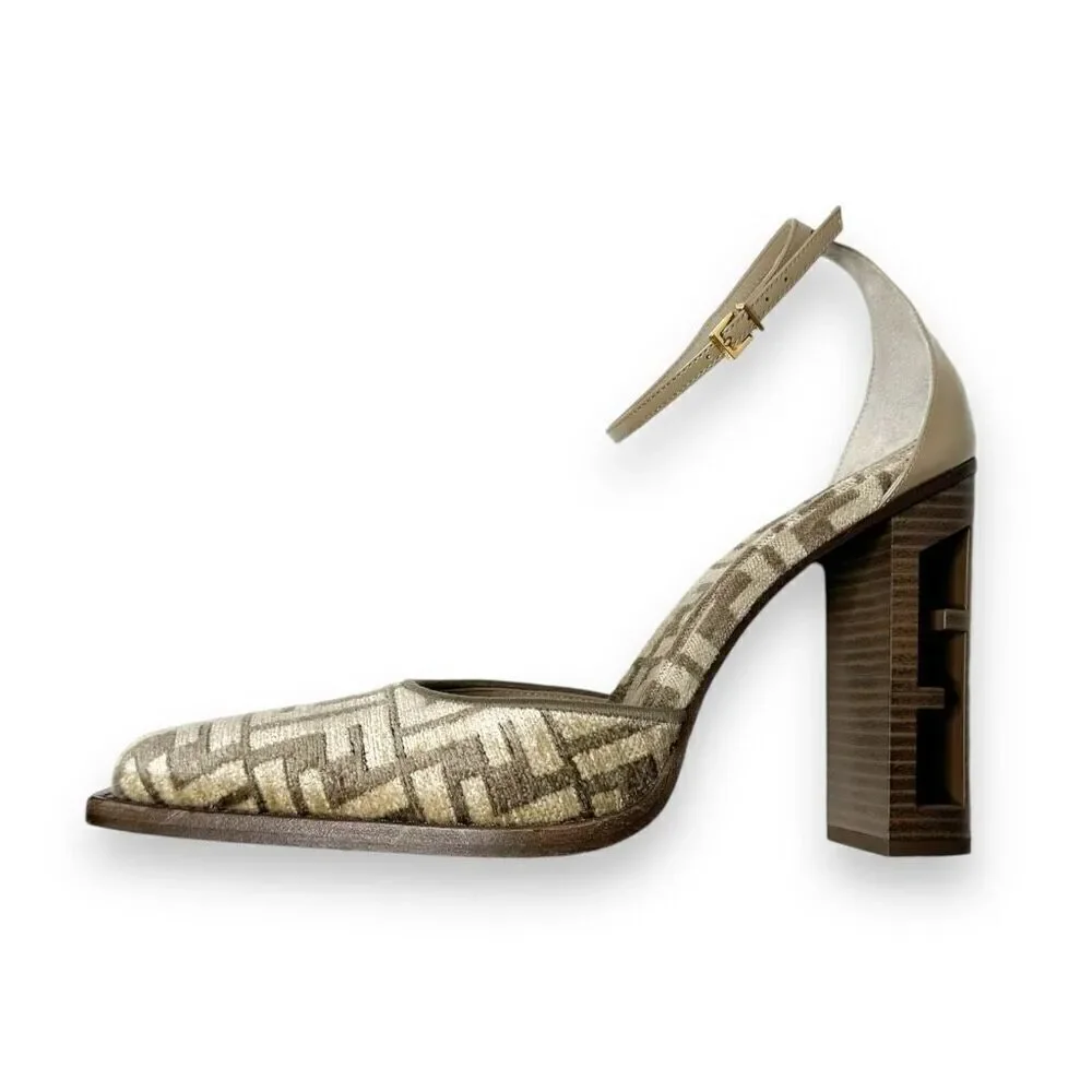 Fendi Monogram Jacquard FF-Logo Print Pointed Toe Ankle Strap High Heel Size 41 - Picture 3 of 13